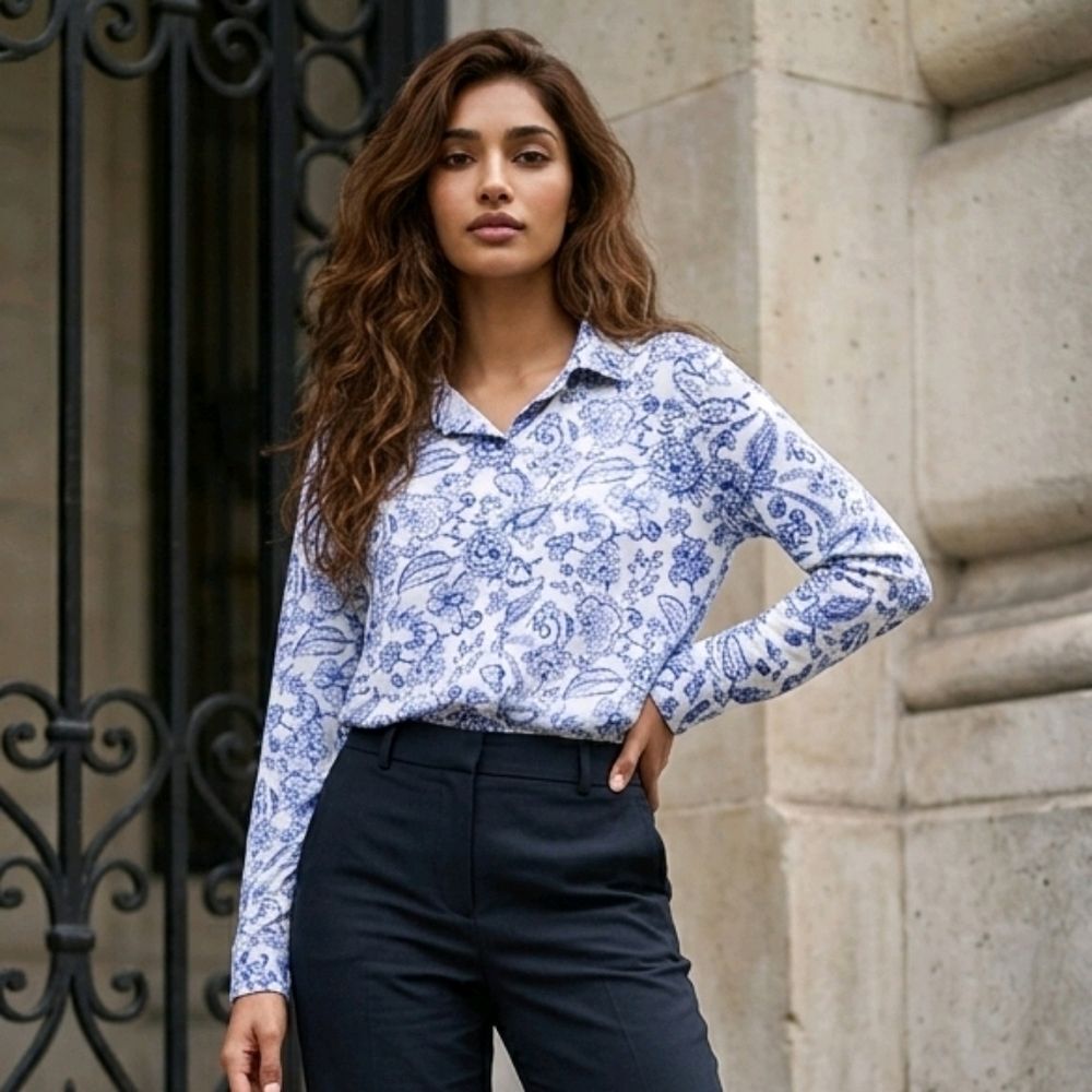 Blue White Floral Button Down Shirt S Botanical Stretch Jersey Chinoiserie Top